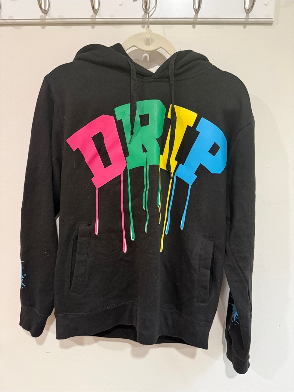 Black 'DRIP' Graphic Hoodie with Neon Pink, Green, Yellow & Blue Letters